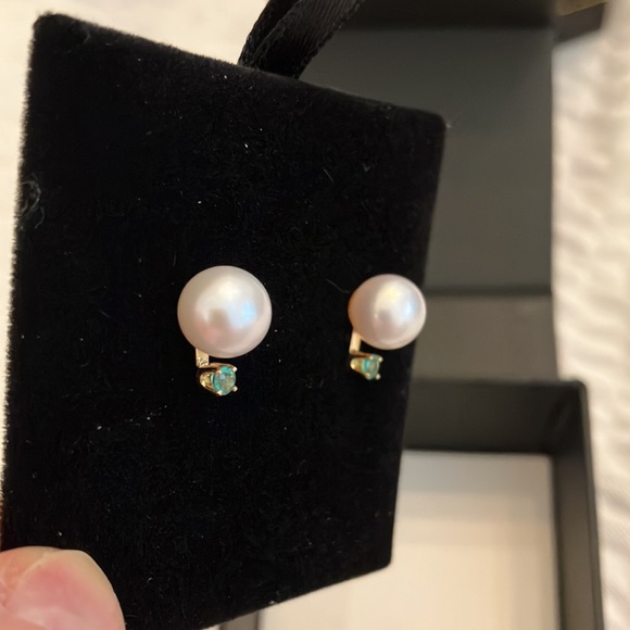 Genuine pearl studs with emerald accents for a May or June birthday. - Picture 2 of 3